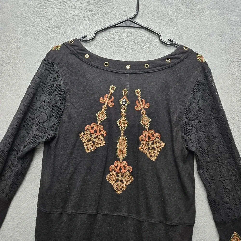Free People Women Blouse M Black Linen Festival Boho Fairy Grunge Whimsigoth Y2K